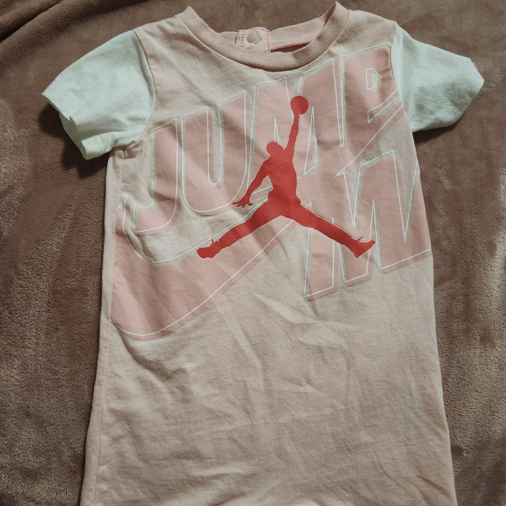 12 Month Jordan Jump Man onesie, unisex, white, pink